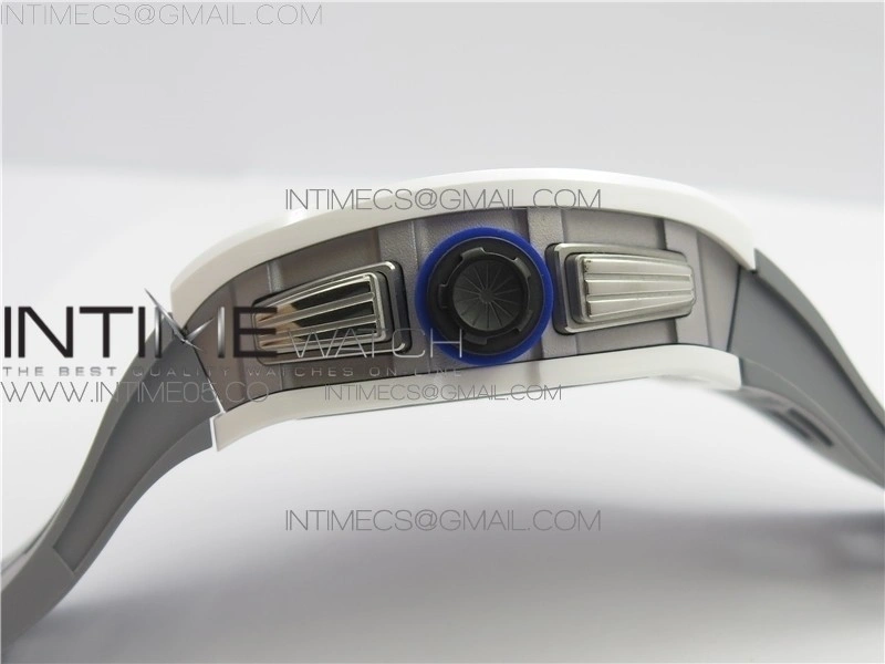 RM011 Real White Ceramic Chronograph KVF 1:1 Best Edition Crystal Skeleton Dial Blue on Gray Rubber Strap A7750