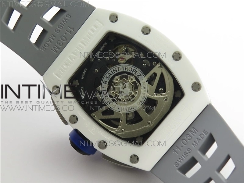 RM011 Real White Ceramic Chronograph KVF 1:1 Best Edition Crystal Skeleton Dial Blue on Gray Rubber Strap A7750