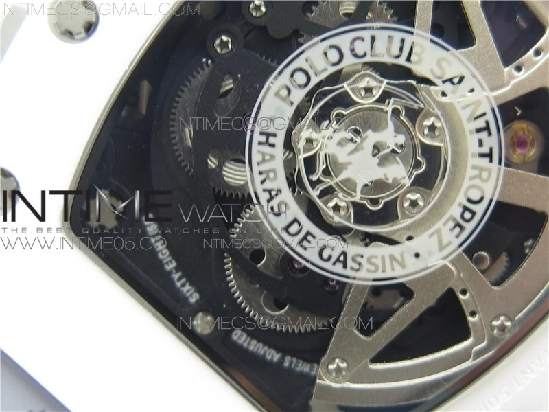 RM011 Real White Ceramic Chronograph KVF 1:1 Best Edition Crystal Skeleton Dial Blue on Gray Rubber Strap A7750