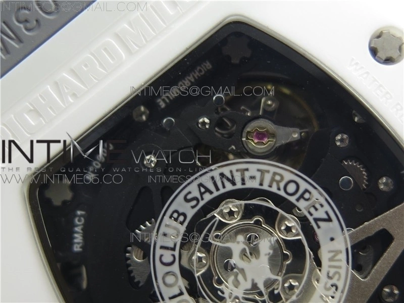 RM011 Real White Ceramic Chronograph KVF 1:1 Best Edition Crystal Skeleton Dial Blue on Gray Rubber Strap A7750