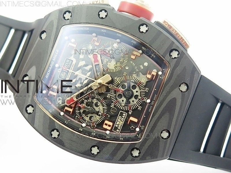 RM011 NTPT Lotus F1 Team RG Chronograph KVF 1:1 Best Edition Crystal Skeleton Dial Red on Black Rubber Strap A7750