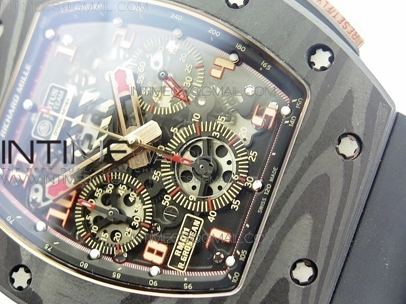 RM011 NTPT Lotus F1 Team RG Chronograph KVF 1:1 Best Edition Crystal Skeleton Dial Red on Black Rubber Strap A7750
