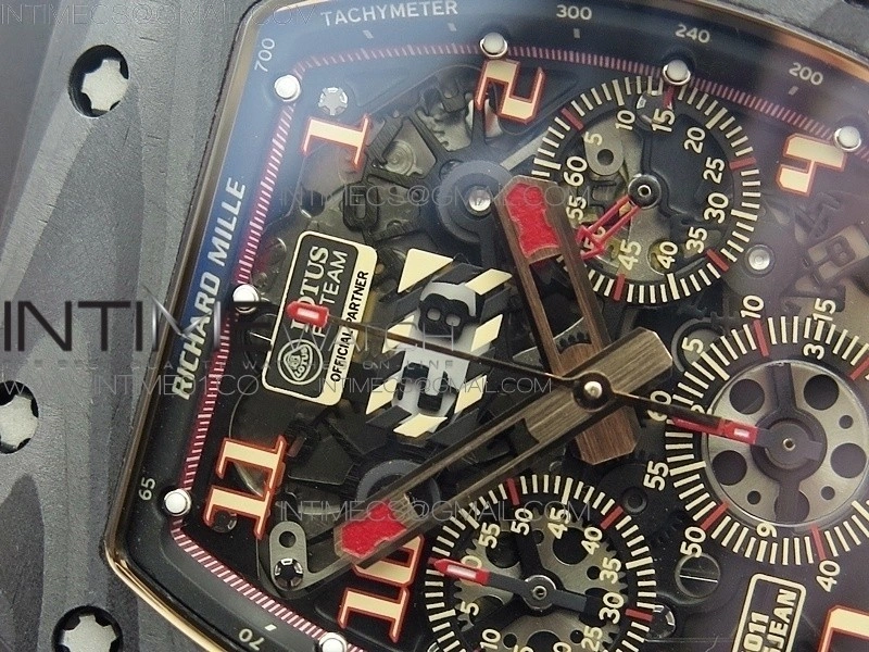RM011 NTPT Lotus F1 Team RG Chronograph KVF 1:1 Best Edition Crystal Skeleton Dial Red on Black Rubber Strap A7750