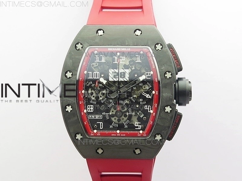 RM011 Carbon Case Carbon Bezel Chronograph KVF 1:1 Best Edition Skeleton Dial on Red Rubber Strap A7750