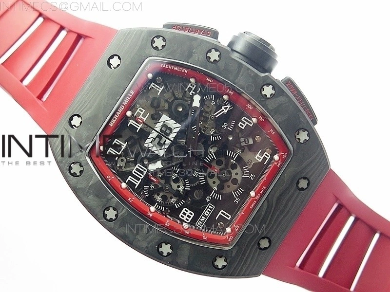 RM011 Carbon Case Carbon Bezel Chronograph KVF 1:1 Best Edition Skeleton Dial on Red Rubber Strap A7750