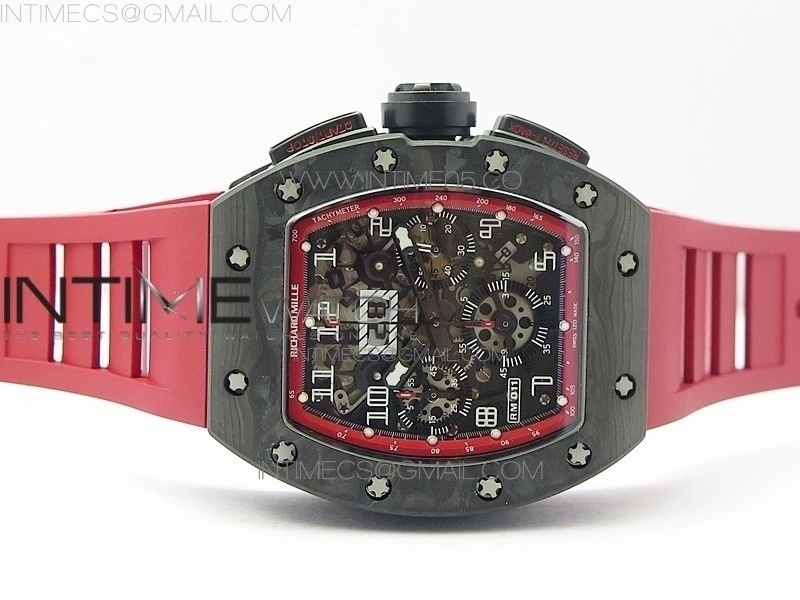 RM011 Carbon Case Carbon Bezel Chronograph KVF 1:1 Best Edition Skeleton Dial on Red Rubber Strap A7750