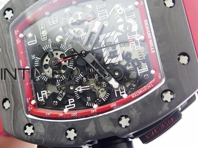 RM011 Carbon Case Carbon Bezel Chronograph KVF 1:1 Best Edition Skeleton Dial on Red Rubber Strap A7750