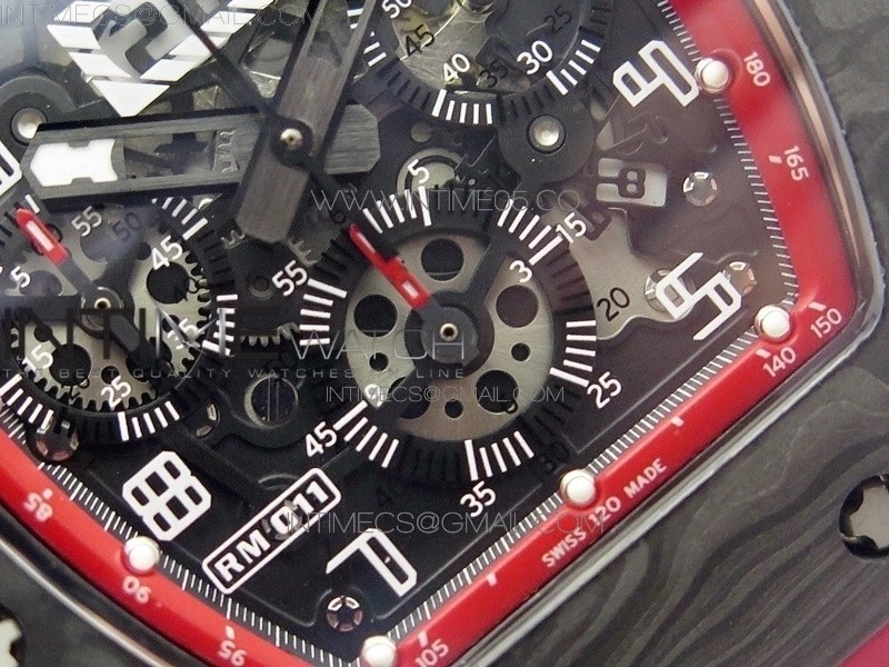 RM011 Carbon Case Carbon Bezel Chronograph KVF 1:1 Best Edition Skeleton Dial on Red Rubber Strap A7750