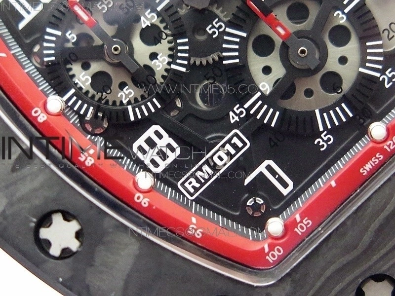 RM011 Carbon Case Carbon Bezel Chronograph KVF 1:1 Best Edition Skeleton Dial on Red Rubber Strap A7750