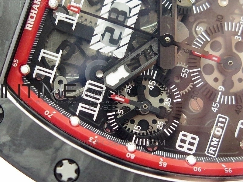 RM011 Carbon Case Carbon Bezel Chronograph KVF 1:1 Best Edition Skeleton Dial on Red Rubber Strap A7750