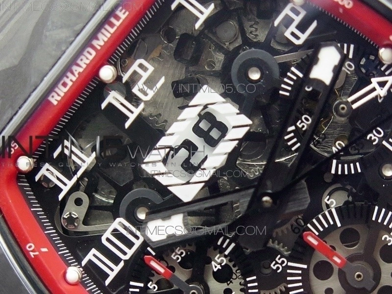 RM011 Carbon Case Carbon Bezel Chronograph KVF 1:1 Best Edition Skeleton Dial on Red Rubber Strap A7750