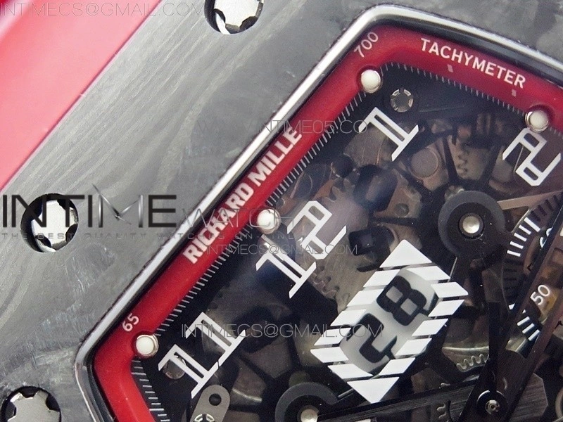RM011 Carbon Case Carbon Bezel Chronograph KVF 1:1 Best Edition Skeleton Dial on Red Rubber Strap A7750