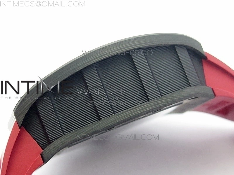RM011 Carbon Case Carbon Bezel Chronograph KVF 1:1 Best Edition Skeleton Dial on Red Rubber Strap A7750