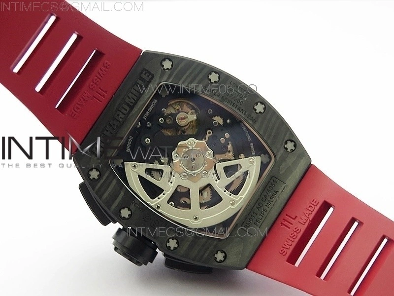 RM011 Carbon Case Carbon Bezel Chronograph KVF 1:1 Best Edition Skeleton Dial on Red Rubber Strap A7750