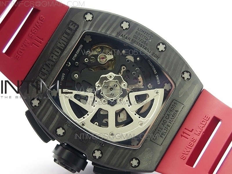 RM011 Carbon Case Carbon Bezel Chronograph KVF 1:1 Best Edition Skeleton Dial on Red Rubber Strap A7750