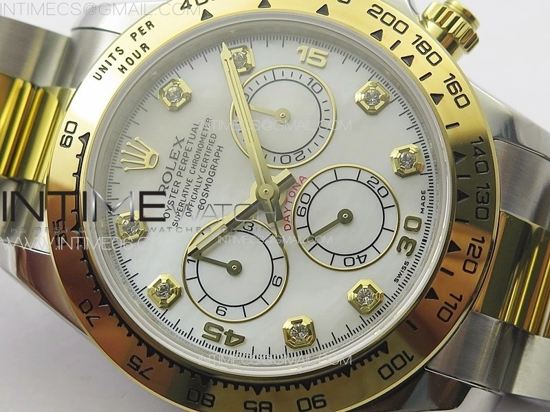 Daytona 116503 YG SS APSF White MOP Dial Crystals Markers On YG SS Bracelet Slim A7750