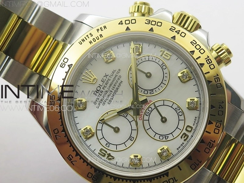 Daytona 116503 YG SS APSF White MOP Dial Crystals Markers On YG SS Bracelet Slim A7750