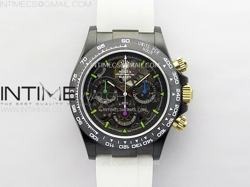 Daytona PVD Carbon Bezel GETF Best Blaken Skeleton Dial on White Rubber Strap SA4130