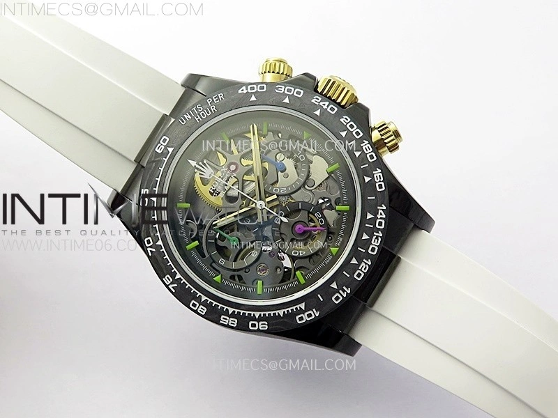 Daytona PVD Carbon Bezel GETF Best Blaken Skeleton Dial on White Rubber Strap SA4130
