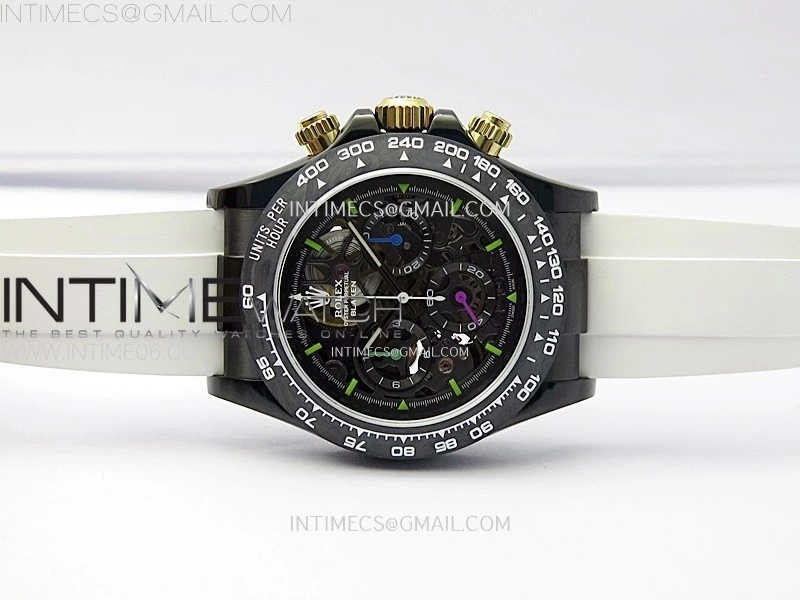 Daytona PVD Carbon Bezel GETF Best Blaken Skeleton Dial on White Rubber Strap SA4130