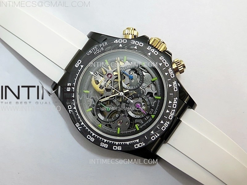 Daytona PVD Carbon Bezel GETF Best Blaken Skeleton Dial on White Rubber Strap SA4130
