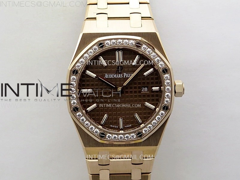 Lady Royal Oak 33mm 67651 Diamonds Bezel RG ZF 1:1 Best Edition Brown Textured Dial on RG Bracelet RONDA Quartz