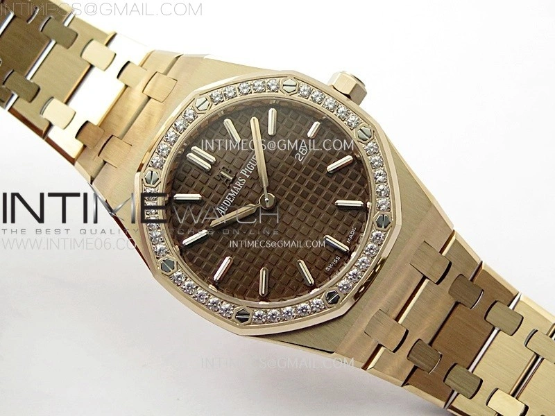 Lady Royal Oak 33mm 67651 Diamonds Bezel RG ZF 1:1 Best Edition Brown Textured Dial on RG Bracelet RONDA Quartz