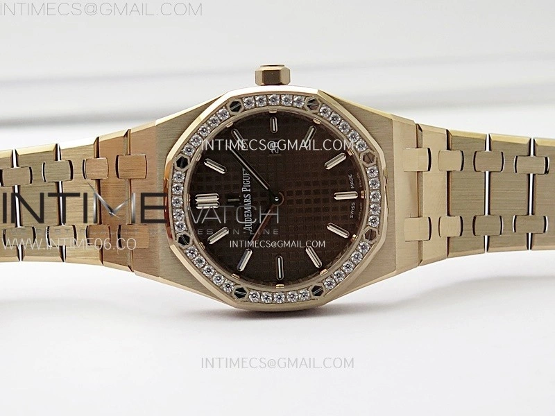 Lady Royal Oak 33mm 67651 Diamonds Bezel RG ZF 1:1 Best Edition Brown Textured Dial on RG Bracelet RONDA Quartz