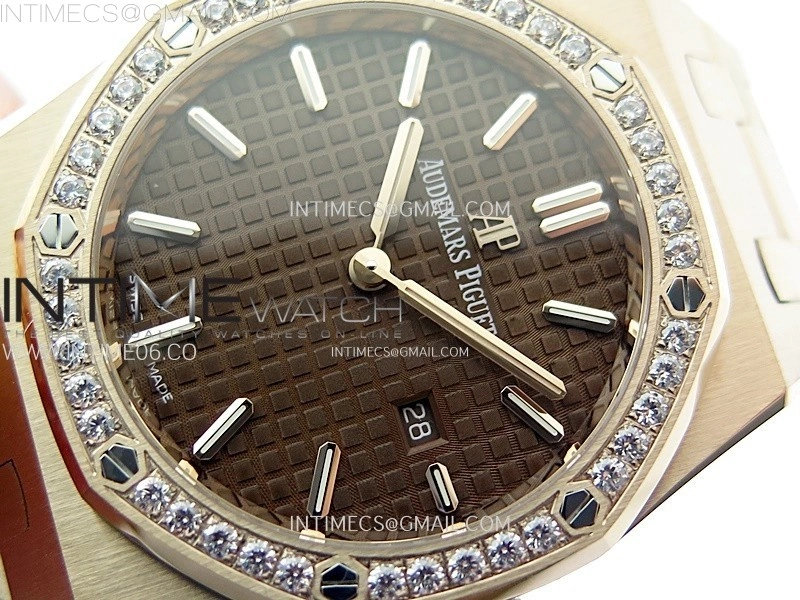 Lady Royal Oak 33mm 67651 Diamonds Bezel RG ZF 1:1 Best Edition Brown Textured Dial on RG Bracelet RONDA Quartz