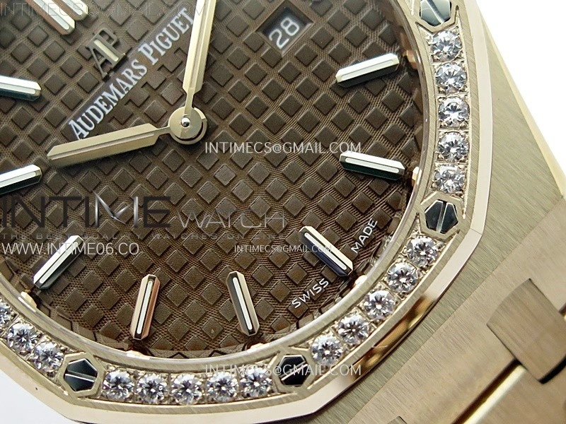 Lady Royal Oak 33mm 67651 Diamonds Bezel RG ZF 1:1 Best Edition Brown Textured Dial on RG Bracelet RONDA Quartz