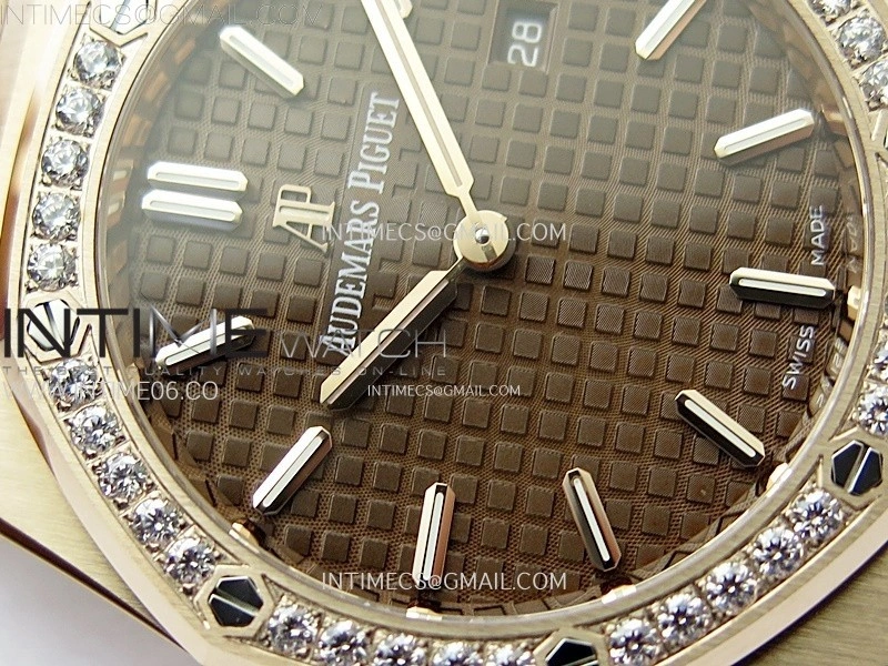 Lady Royal Oak 33mm 67651 Diamonds Bezel RG ZF 1:1 Best Edition Brown Textured Dial on RG Bracelet RONDA Quartz