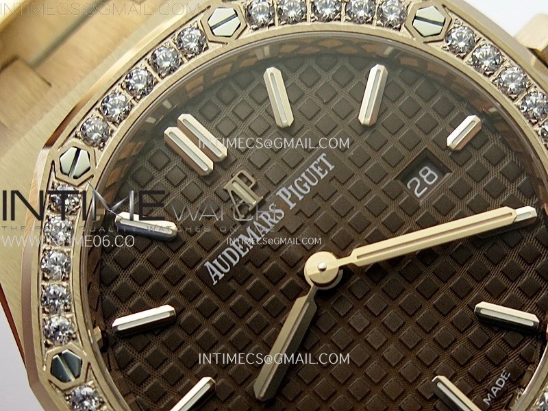 Lady Royal Oak 33mm 67651 Diamonds Bezel RG ZF 1:1 Best Edition Brown Textured Dial on RG Bracelet RONDA Quartz
