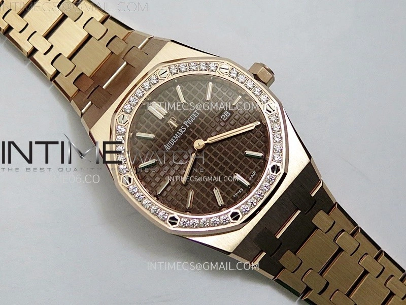 Lady Royal Oak 33mm 67651 Diamonds Bezel RG ZF 1:1 Best Edition Brown Textured Dial on RG Bracelet RONDA Quartz