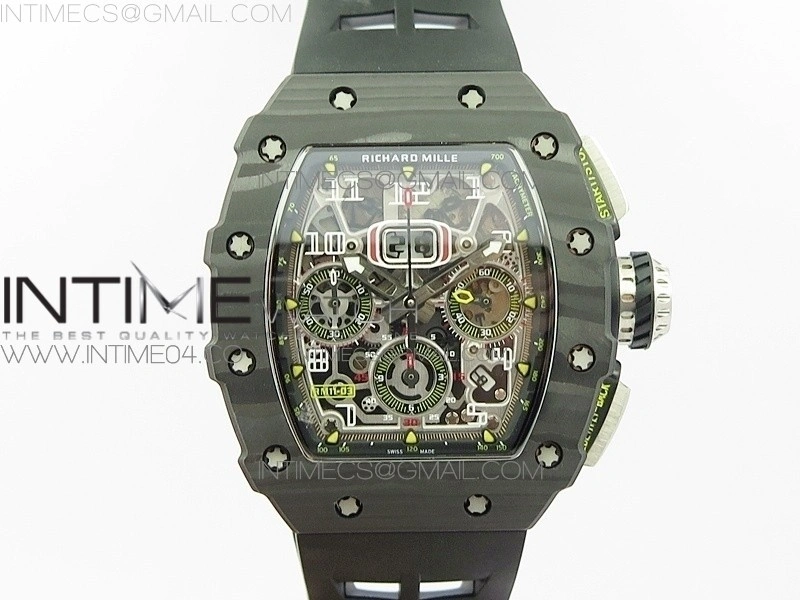 RM011 Carbon Case Chrono KVF 1:1 Best Edition Crystal Skeleton Yellow Dial on Black Rubber Strap A7750