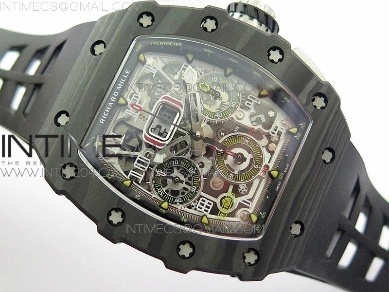 RM011 Carbon Case Chrono KVF 1:1 Best Edition Crystal Skeleton Yellow Dial on Black Rubber Strap A7750