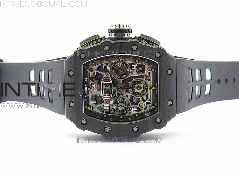 RM011 Carbon Case Chrono KVF 1:1 Best Edition Crystal Skeleton Yellow Dial on Black Rubber Strap A7750