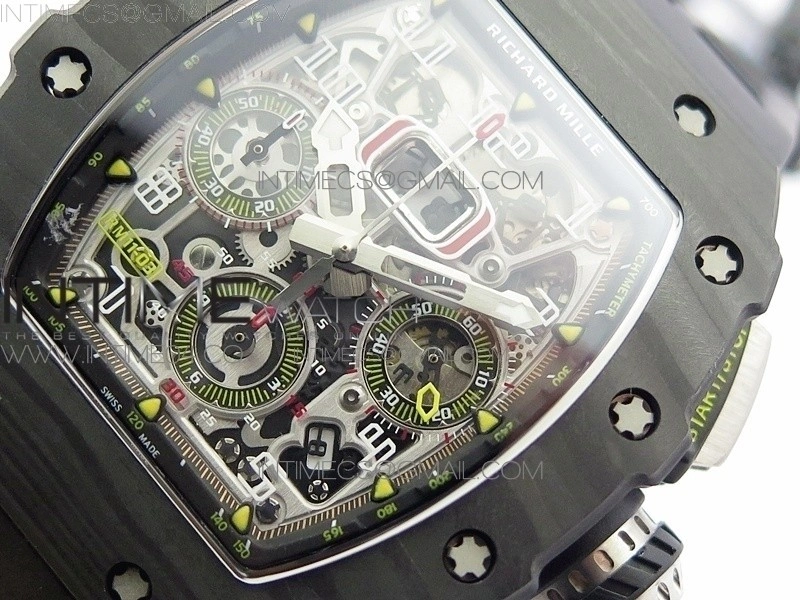 RM011 Carbon Case Chrono KVF 1:1 Best Edition Crystal Skeleton Yellow Dial on Black Rubber Strap A7750