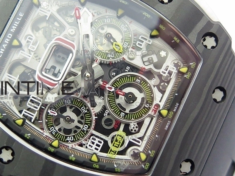 RM011 Carbon Case Chrono KVF 1:1 Best Edition Crystal Skeleton Yellow Dial on Black Rubber Strap A7750