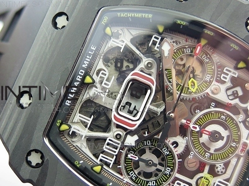RM011 Carbon Case Chrono KVF 1:1 Best Edition Crystal Skeleton Yellow Dial on Black Rubber Strap A7750