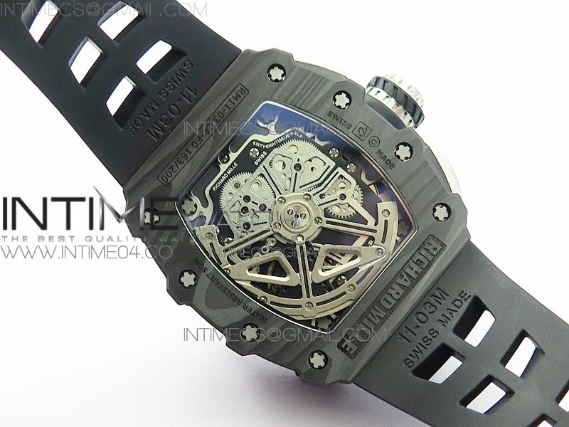 RM011 Carbon Case Chrono KVF 1:1 Best Edition Crystal Skeleton Yellow Dial on Black Rubber Strap A7750