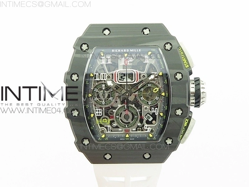 RM011 Carbon Case Chrono KVF 1:1 Best Edition Crystal Skeleton Yellow Dial on White Rubber Strap A7750