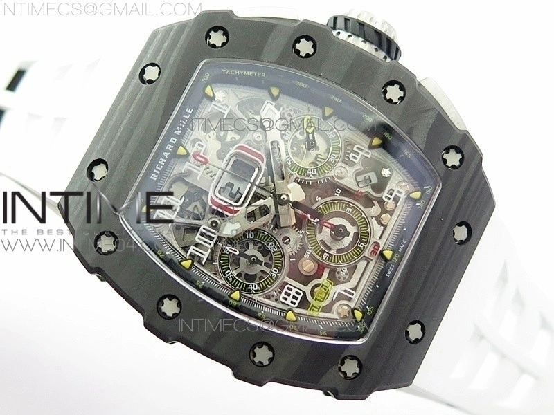 RM011 Carbon Case Chrono KVF 1:1 Best Edition Crystal Skeleton Yellow Dial on White Rubber Strap A7750