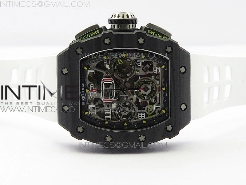 RM011 Carbon Case Chrono KVF 1:1 Best Edition Crystal Skeleton Yellow Dial on White Rubber Strap A7750
