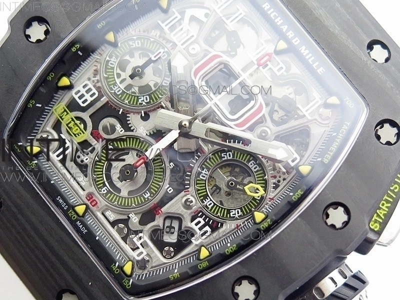 RM011 Carbon Case Chrono KVF 1:1 Best Edition Crystal Skeleton Yellow Dial on White Rubber Strap A7750