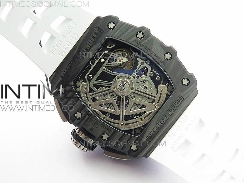 RM011 Carbon Case Chrono KVF 1:1 Best Edition Crystal Skeleton Yellow Dial on White Rubber Strap A7750