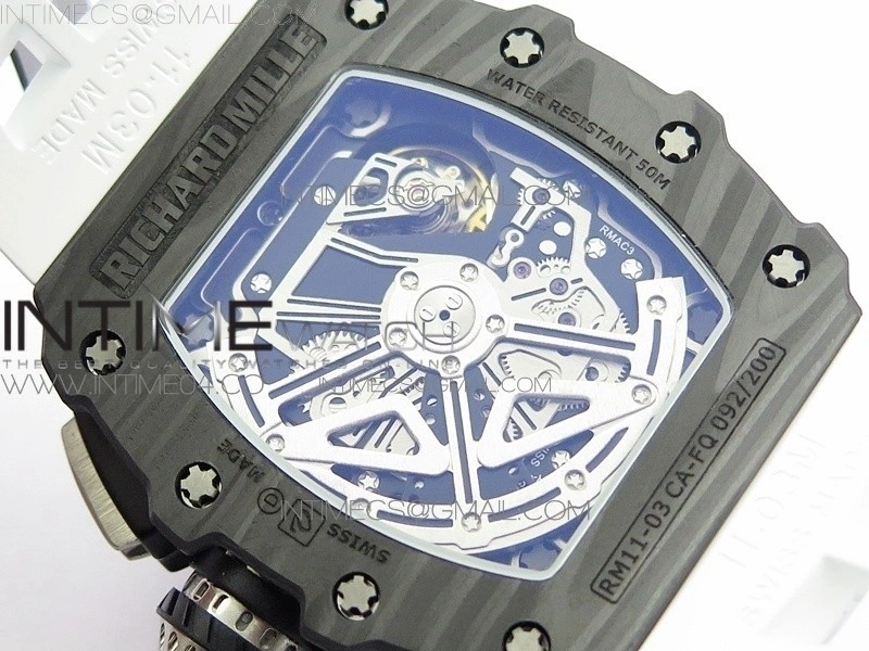 RM011 Carbon Case Chrono KVF 1:1 Best Edition Crystal Skeleton Yellow Dial on White Rubber Strap A7750