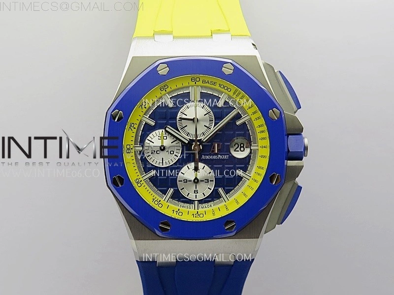 Royal Oak Offshore 44mm SS TKF 1:1 Best Edition Blue Yellow Dial on Blue Yellow Rubber Strap A3126