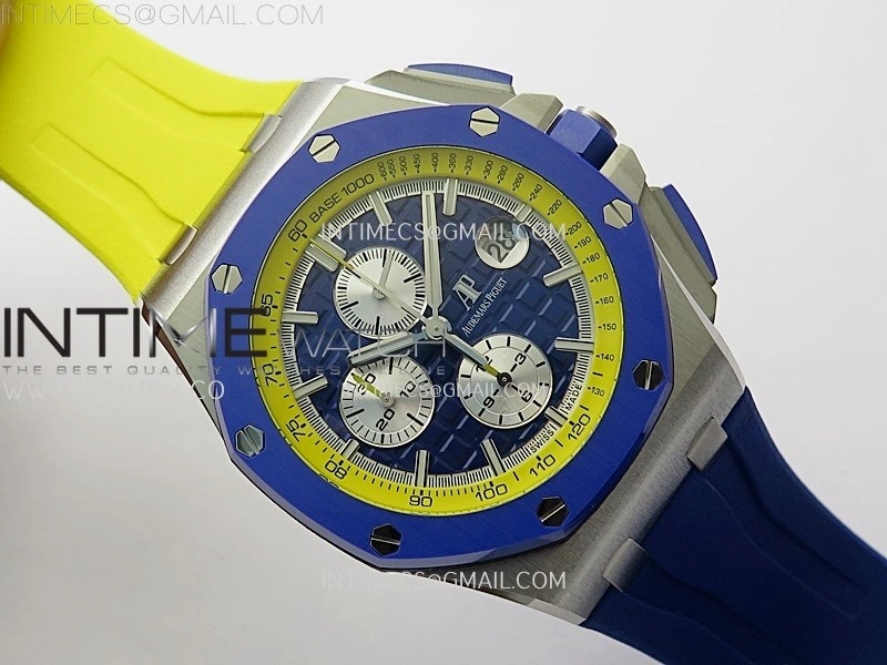 Royal Oak Offshore 44mm SS TKF 1:1 Best Edition Blue Yellow Dial on Blue Yellow Rubber Strap A3126