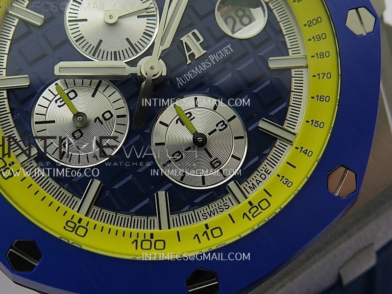 Royal Oak Offshore 44mm SS TKF 1:1 Best Edition Blue Yellow Dial on Blue Yellow Rubber Strap A3126