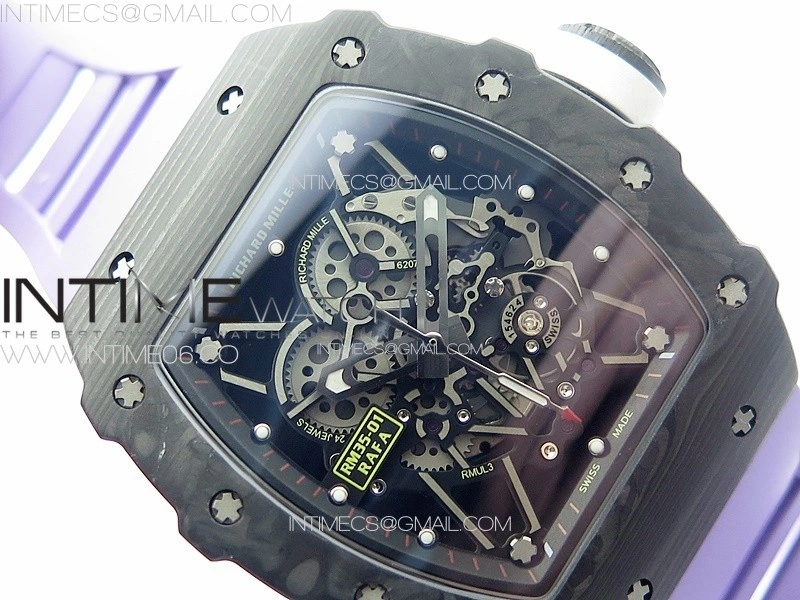 RM035-01 Forged Carbon Case KUF Best Edition White Crown on Purple Rubber Strap MIYOTA8215